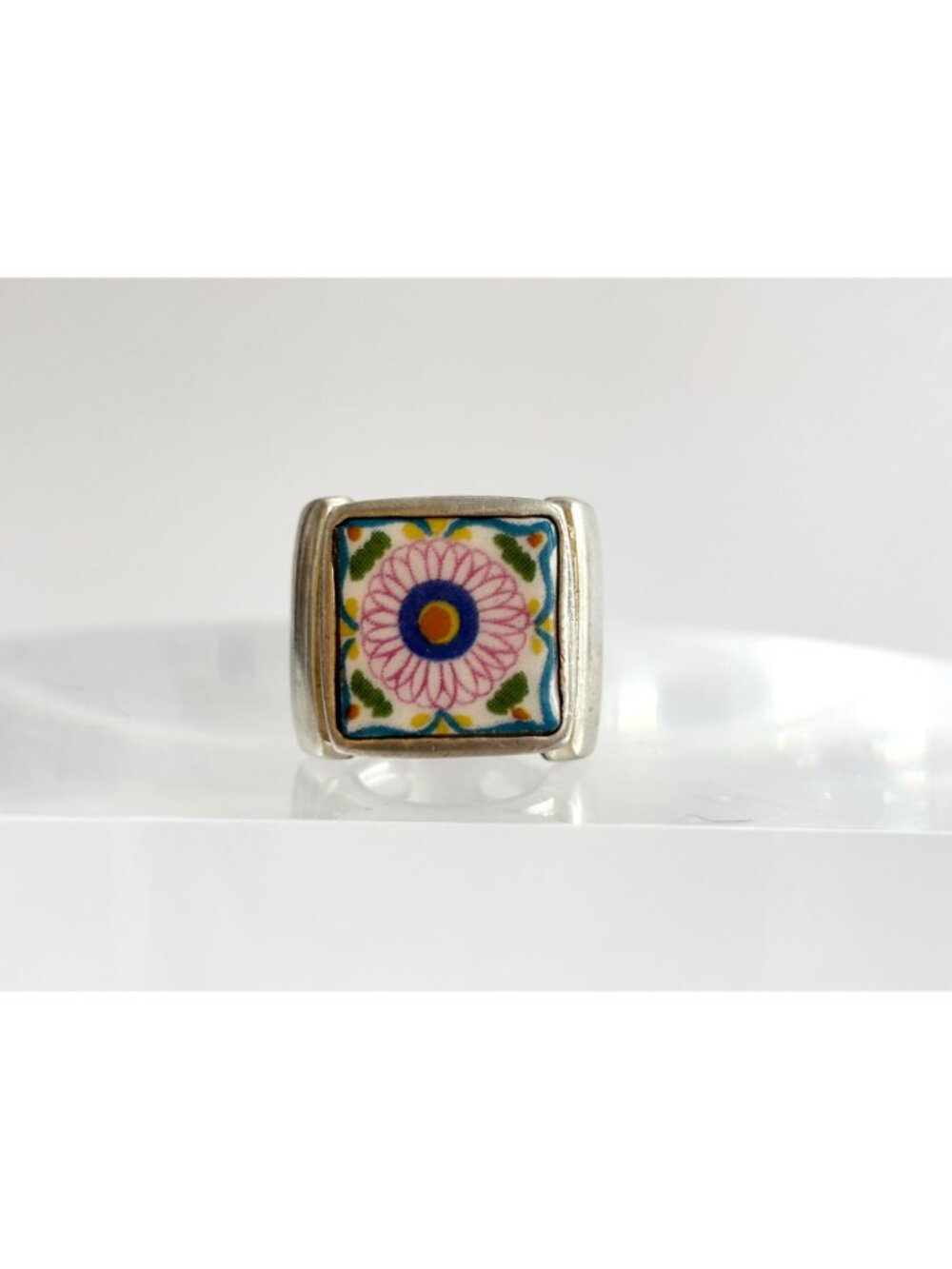 Porcelain Floral Painted Tilework Chunky Sterling Silver 925 Vintage Ring - sz 5 - Picture 3 of 16